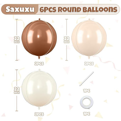 Giant Foil Balloons, 6Pcs Large Cream Sand White Apricot Brown Round Balloons, 22 Inch Big Round Foil Balloon for Boho Birthday Party Baby Shower Wedding Decorations