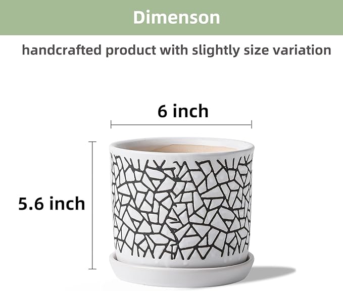 6 Inch Plant Pots: Ceramic Planter Pot with Drainage Hole & Saucer - Planters for Indoor/Outdoor Plants - Flower Pot with Bonded Tray for Home/Office - Tile Design Debossed