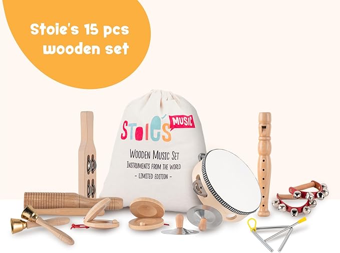 Stoie's Wooden Kids Musical Instruments for 3-9 Years Old, with Drum, Flute, Hand Bells, Cymbals, Castanets, Triangle, for Babies and Toddlers, Durable, Safe, Montessori Educational Toy, Storage Bag