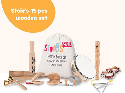 Stoie's Wooden Kids Musical Instruments for 3-9 Years Old, with Drum, Flute, Hand Bells, Cymbals, Castanets, Triangle, for Babies and Toddlers, Durable, Safe, Montessori Educational Toy, Storage Bag