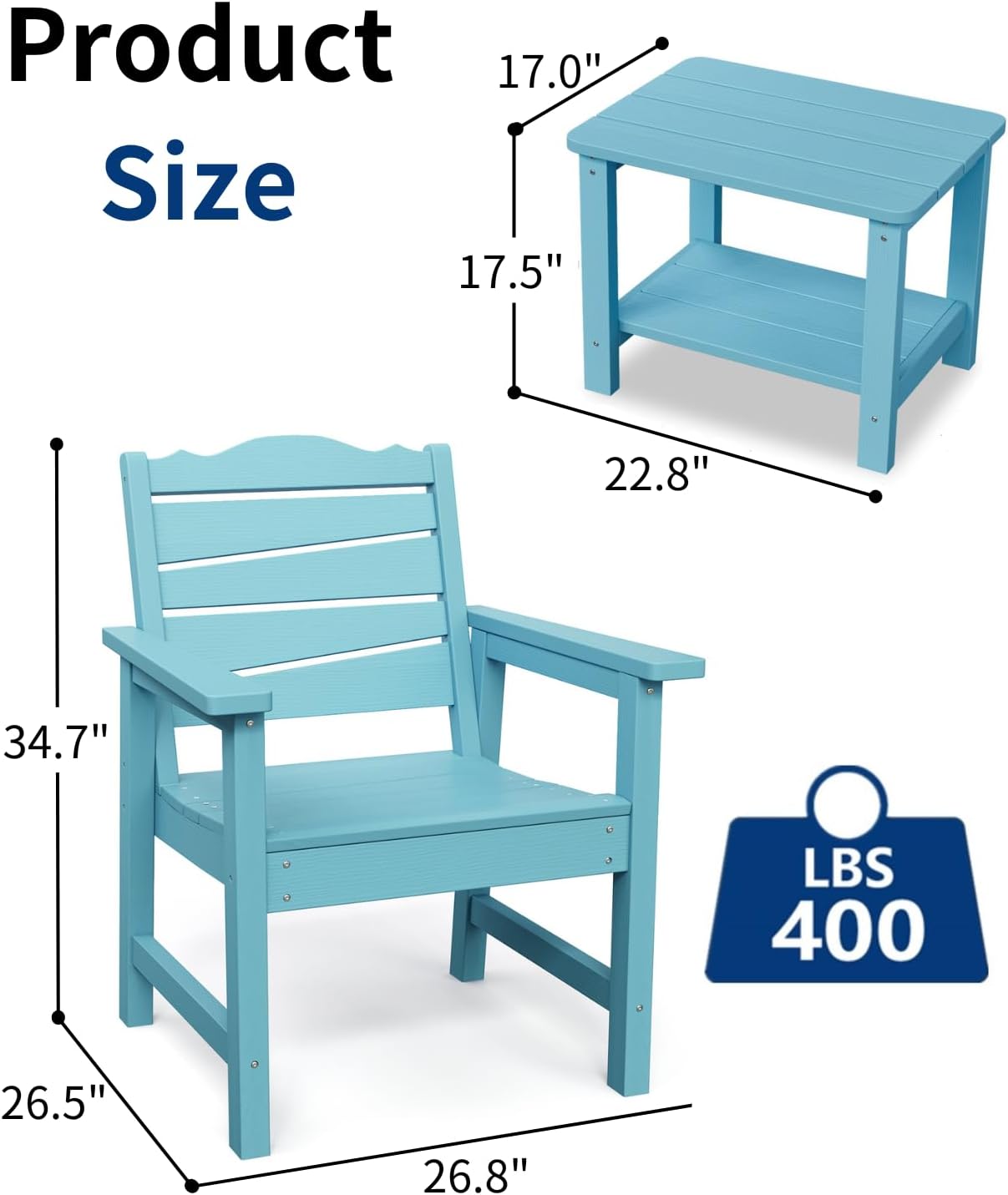 Patio Chairs Set, 3 Pieces Weatherproof HIPS Outdoor Furniture, Patio Chairs Conversation Sets with Side Table for Garden Porch Lawn & Backyard (Lake Blue)