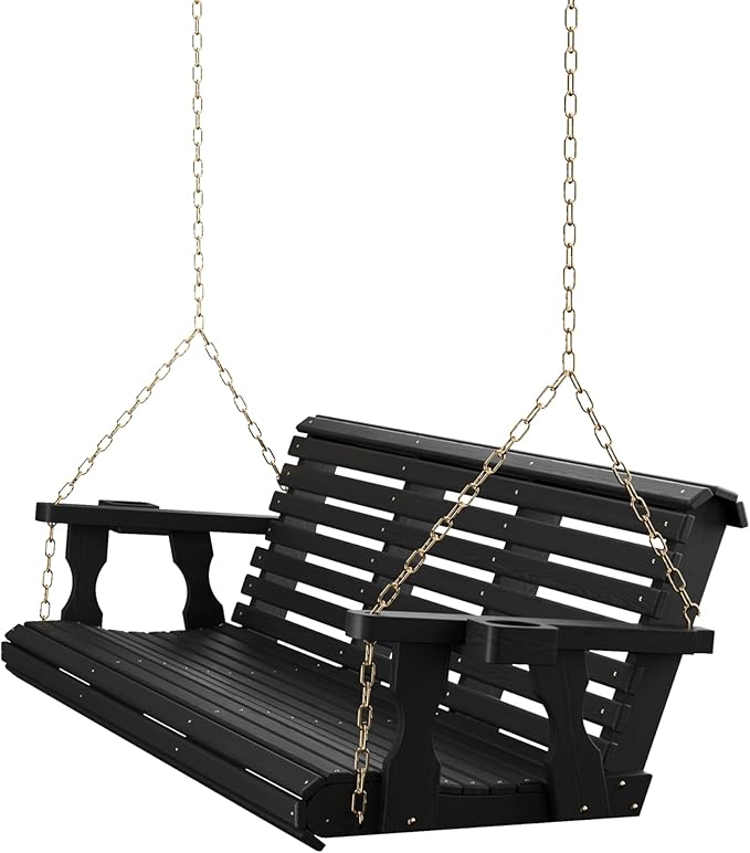 Amish Casual 6 Foot Roll Back Porch Swing with Cup Holders in Semi-Solid Black Stain - Amish Made in The USA from Treated Pine Heavy Duty 700 Lb. Weight Capacity