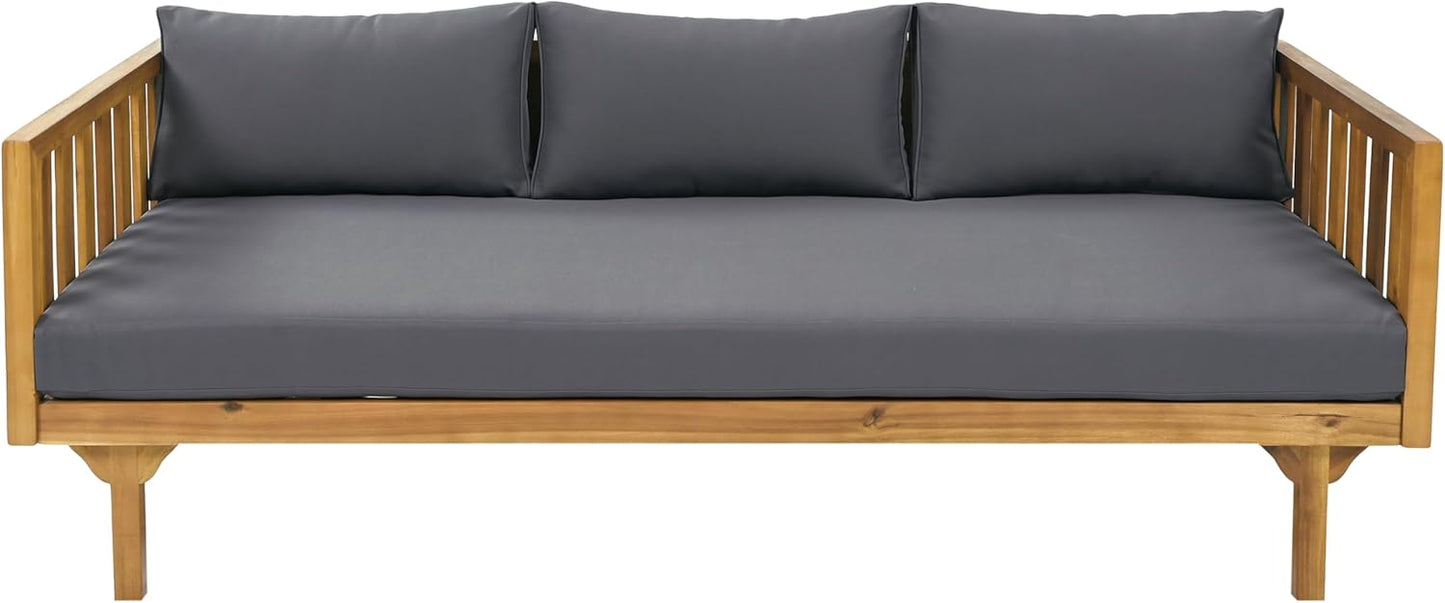 Christopher Knight Home Claremont Outdoor 3 Seater Acacia Wood Daybed with Fabric Water Resistant and Removable Cushions, Patio Garden Sofa with Slat Paneling Armrest and Back, Teak and Dark Grey