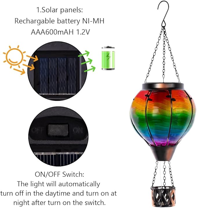 Starsoul Solar Hot Air Balloon Lantern with Flame Multi-Color Hot Air Balloon Lantern with Candle Holder Metal & Glass Hanging Garden Light Waterproof Outdoor Lantern Decor