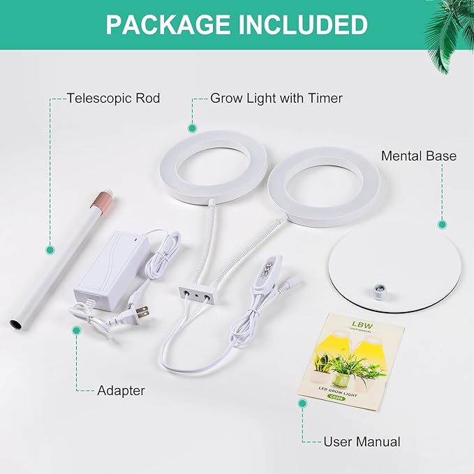 LBW Halo Plant Grow Lights, Dual-Head Desk Grow Light for Indoor Plants, 72x2 LEDs Full Spectrum Grow Lamp with 4/8/12H Auto Timer, 4-Level Brightness, Flexible Gooseneck, Height Adjustable, White