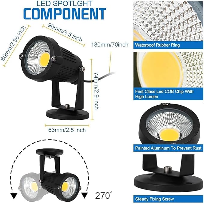 110V Landscape Spotlight,LED Landscape Lighting Outdoor for Flag Pole Light,IP65 Landscape Lights 3000k Garden Light 6FT Cord with US 3 Prong (Base,Stake Included) (5, Watts)