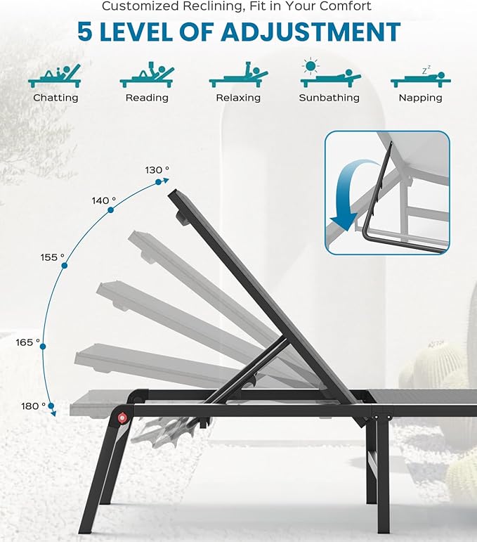 Pool Lounge Chairs Set of 2, Foldable Aluminum Chaise Lounge Outdoor with 5 Positions Recliner - Free Assembly - Patio Chaise Lounge Chair for Poolside, Beach, Yard (Darkgray, 2 Pack)
