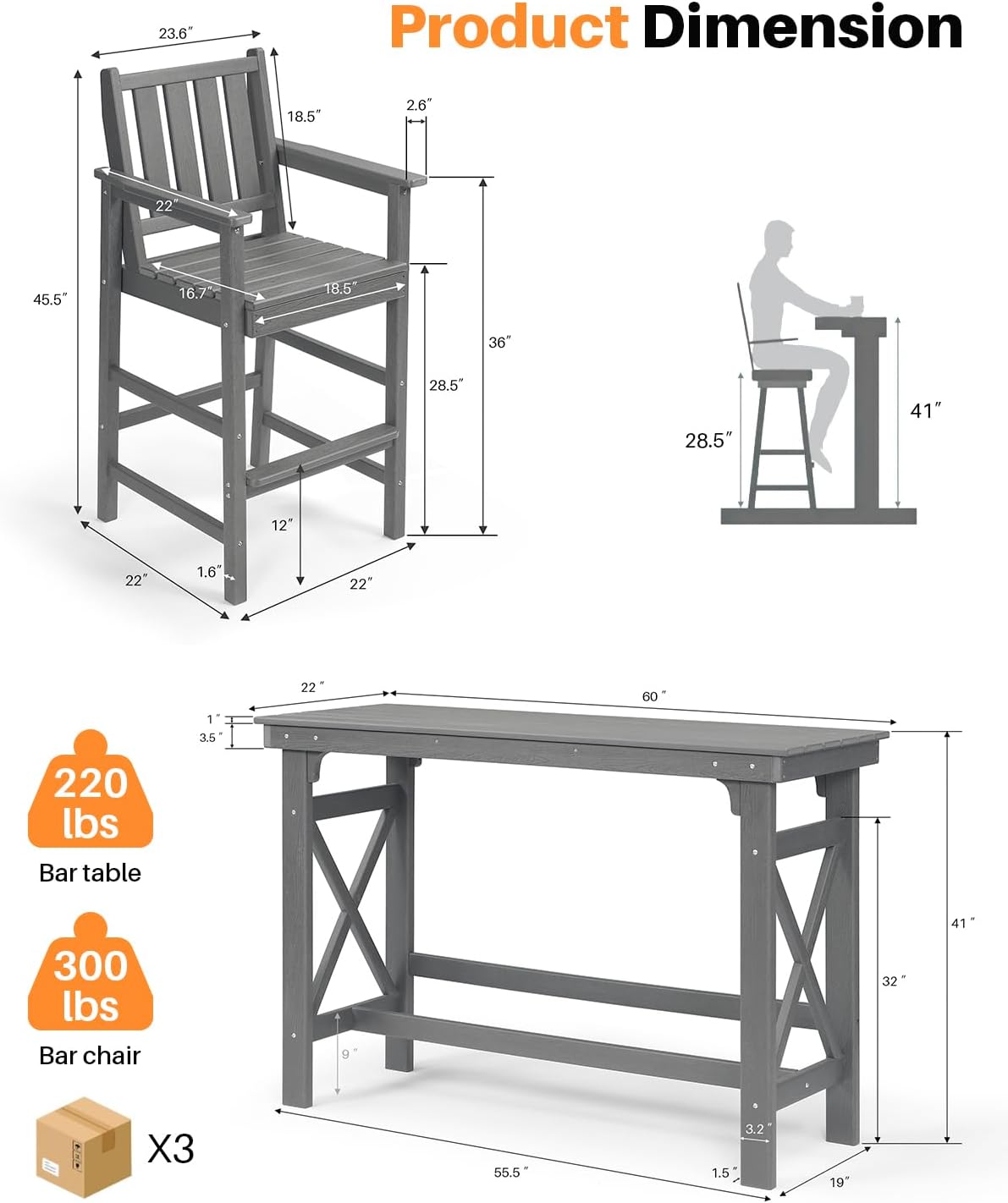 5-Piece HDPE Patio Bar Set, Rectangular Bar Height Table and 4 Adirondack Bar Chairs, Weatherproof Outdoor Bar Stools Set, Outdoor Bar Table and Chairs Set for Deck, Balcony, Pool, Smoke Gray