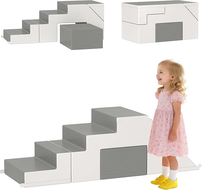 Qaba Toddlers Climbing Toys, Foam Climbing Blocks, 2 Pieces PU Leather Soft Play Set Indoor for Crawling or Sliding Aged 1-3 Years, Light Gray