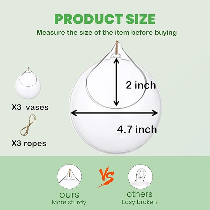 Ivolador Hanging Planter Glass Terrarium Container Air Plant Holder Succulents Globe Shape Home Garden Decor-4.7 Inches-3PCS