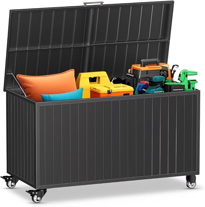 Outdoor Storage Box with Wheels 135 Gallon, Mobile Waterproof Aluminum Deck Box, UV Resistant Patio Storage Box with Lid for Patio Furniture, Garden Tools (Black)
