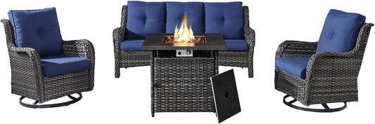 Outdoor Patio Furniture Set with 50000BTU Propane Fire Pit Table, 4 Pieces Wicker Patio Conversation Set with 2 Swivel Rocker Glider Chairs Rattan Sofa Blue Cushion Perfect for Casual Gathering