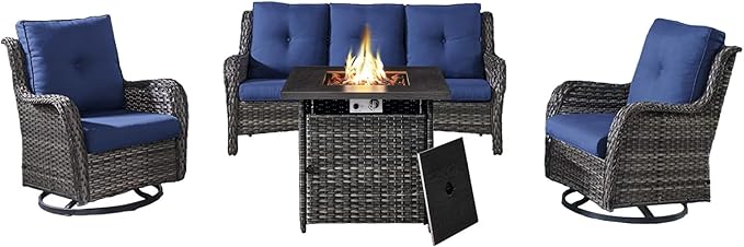 Outdoor Patio Furniture Set with 50000BTU Propane Fire Pit Table, 4 Pieces Wicker Patio Conversation Set with 2 Swivel Rocker Glider Chairs Rattan Sofa Blue Cushion Perfect for Gathering