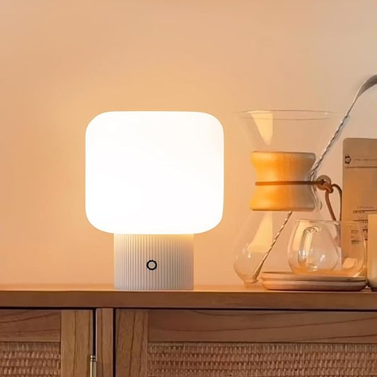 Halo Mushroom Lamp, 5W Cute Cordless Rechargeable Table Lamp with Glass Shade, 3 Color Temps LED Dimmable Ambient Lighting, Small Retro Touch Bedside Light for Bedroom Decor, White