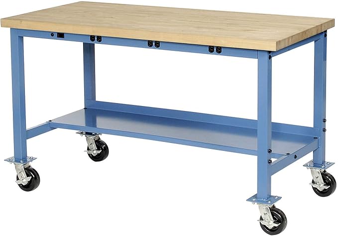 Global Industrial Mobile Workbench with Power Apron, Maple Block Square Edge, 72" W x 36" D, Blue