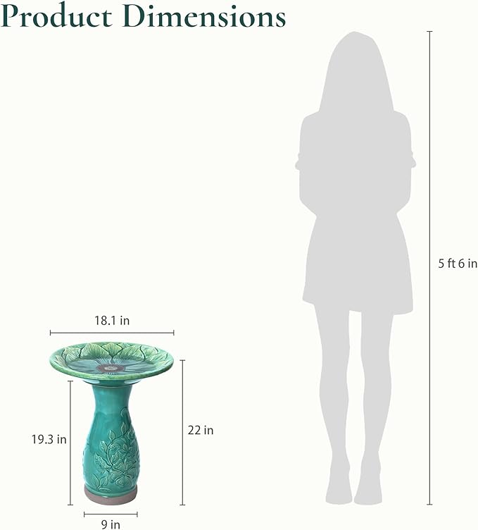LuxenHome 23 Inch Ceramic Bird Bath for Outside, Elegant Tall Outdoor Bird Bath, Lightweight Pedestal Glazed Birdbaths for Outdoors with Floral Embossed Design, Jade Green