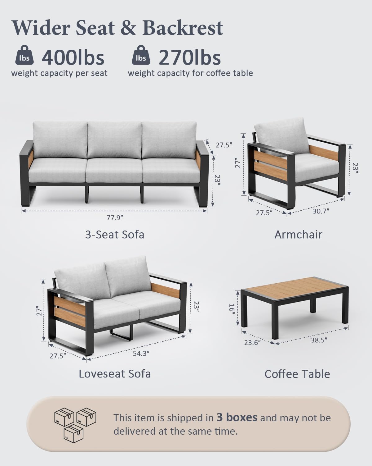 ZANDOR Aluminum Outdoor Patio Furniture - 2 Pcs Armchairs and Coffee Table, All-Weather Metal Modern Outside Furniture with Washable Thick Cushion for Garden/Backyard/Porch, Silver