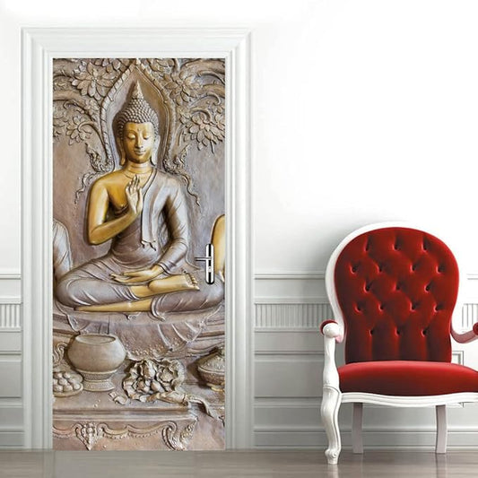3D Door Stickers - Buddha Statue Murals - Peel & Stick Wallpaper - Self-Adhesive Decals - Removable PVC Waterproof Door Poster - 37.4" x 82.7" for Bedroom & Living Room