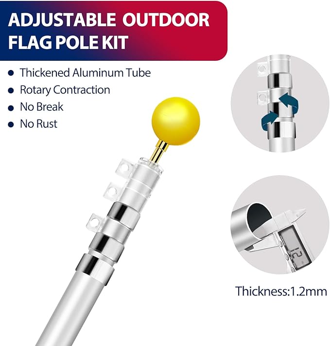 30FT Telescoping Flag Pole Kit, Heavy Duty 16 Gauge Aluminum Outdoor In Ground Flag Poles with Embroidered 3x5 USA Flag, for Residential or Commercial,Garden,Yard Flag Poles