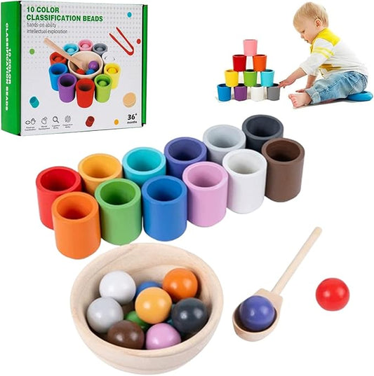 Rainbow Balls in Cups Toddler Toys, Kids Color Classification Cup Game, 10 Color Classification Beads, Wooden Colors Sorting Toy with 10 Ball, Learning Colors Sorting and Counting(12 Color)