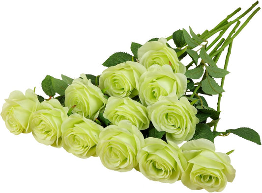 12pcs Light Green Roses Artificial Flowers Fake Roses Silk Flowers Roses with Long Stems for Wedding Home Party Centerpieces Decorations