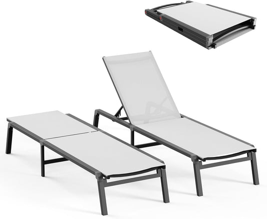 Patio Chaise Lounge Chair, Foldable Lounge Chair for Outside, Aluminum Chairs Set of 2 with 5 Adjustable Backrest, Outdoor Pool Lounger for Poolside, Lawn, Deck, White