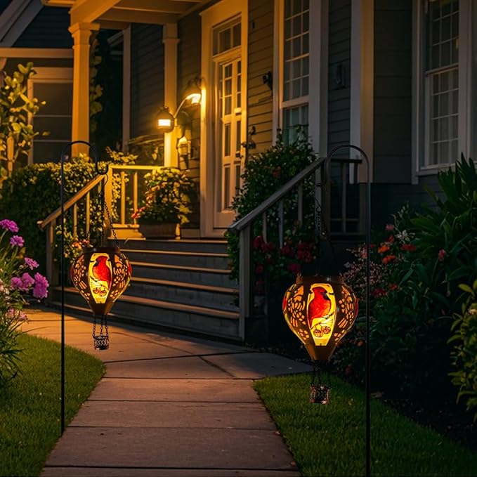 Cardinal Solar Hanging Lanterns Hot Air Balloon, Solar Outdoor Lanterns with Flame Decor for Garden Yard Patio, Cardinal Solar Lights Birthday Gift for Mom