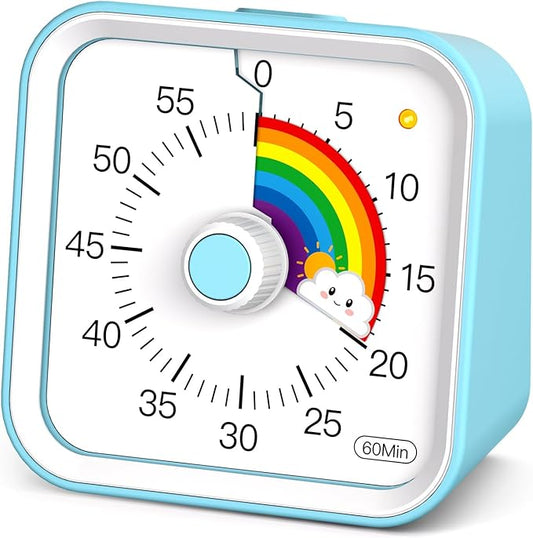 Visual Timer for Kids with Pause Function, Cute Silent Timer with Rainbow for Classroom, Teaching, Task, Kitchen, 60 Minute Countdown Time Management for ADHD (Rainbow Blue)