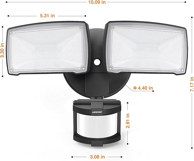 LEPOWER LED Security Lights Motion Sensor Light Outdoor, 30W 3200LM Motion Security Light, 5500K, IP65 Waterproof, 2 Head Motion Detector Flood Light for Garage, Yard, Porch, Black (Not Solar Powered)