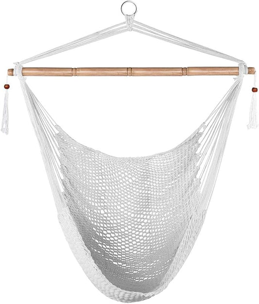 Lazy Daze Hammocks Hanging Chair Caribbean Swing Chair Hammock Chair w/Soft-Spun Cotton Rope, 40" Hardwood Spreader Bar Wide Seat, Max 300 Pounds, for Indoor Outdoor Garden Yard, White