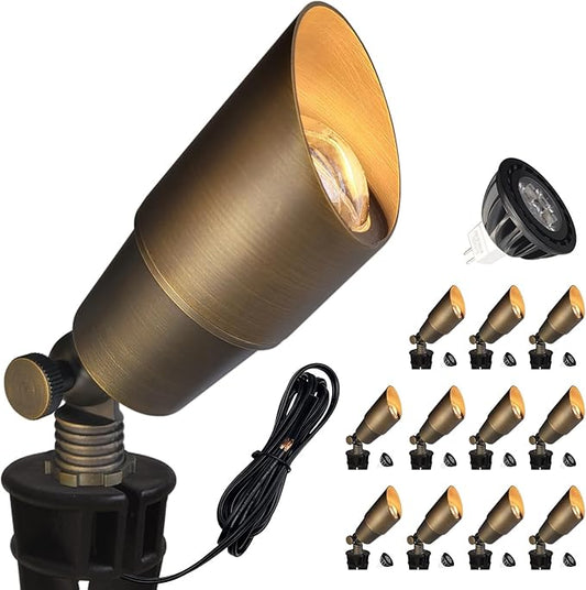 COLOER Brass Landscape Spotlights, 12 Pack Spot Lights Outdoor with 5W Aluminum Housing MR16 LED Bulb 2700K 450LM, 12V AC/DC Low Voltage Outdoor Lighting for Yard, Uplight for Garden and Patio(101B)