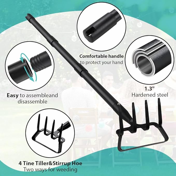 Upgraded Hula Hoe and Garden Hoe, Stirrup Hoe with Adjustable Handle for Weeding Digger loosening Soil Metal Garden Cultivator Hula Hoe with Rake Tiller Cultivator (30-73 Inch)