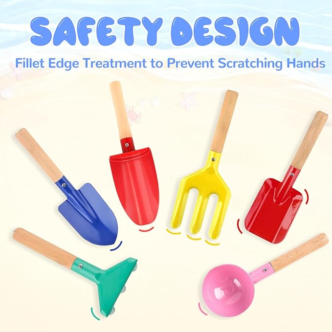 Beach Toys, 6 Pcs Children Beach Sand Toys, 8'' Kids Gardening Set Metal Garden Tools with Sturdy Wooden Handle,Safe Kids Shovel with Cylinder, Spoon, Fork, Rake, Flat Shovel & Pointed Shovel