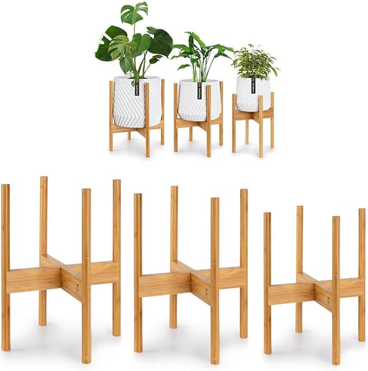 Fox & Fern Set of 3 Bamboo Plant Stand Indoor — Modern Raised Flower Pot Holders for 8, 10 & 11.8 Inch Planters (Not Included); Plug In Design; Two Height Options; Easy to Assemble - Bamboo