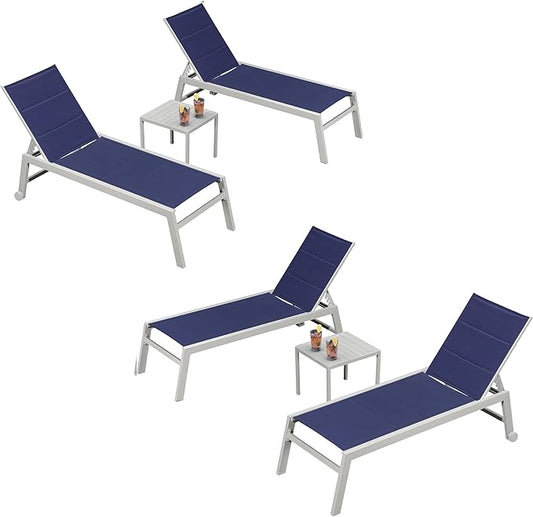 PURPLE LEAF Outdoor Chaise Lounge Adjustable Sunbathing Recliner with Side Table Navy Blue 2 Sets
