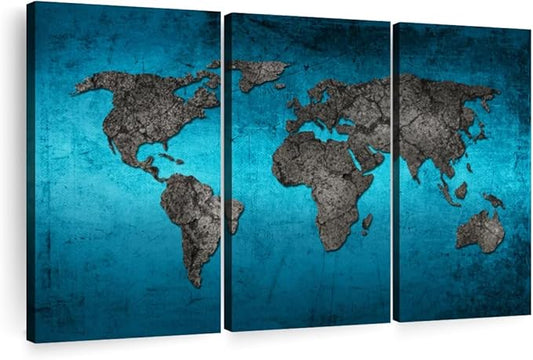 ElephantStock Ocean World Map Multi Piece Canvas - 3 Panel Wall Decor - Map of the World Art - Canvas for the Office and Home - 57" X 36"
