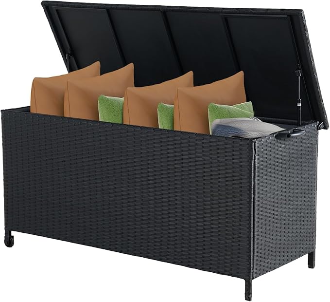 Grand patio 108 Gallon Deck Storage Box Indoor Outdoor Wicker Bin for Patio Furniture Cushions Garden Tools Pool Accessories, Black