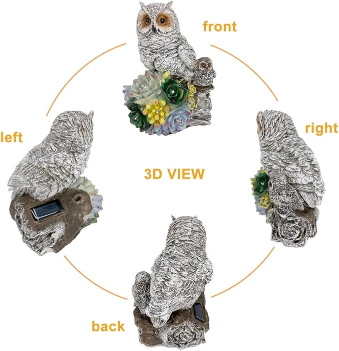 Mother Owl and Child Garden Statue on a Log with Succulent Led Solar Light Outdoor Scuplture Lawn Patio Yard Décor Owl Family Figurine with 7 Led Lights in Plants (Owl Solar)