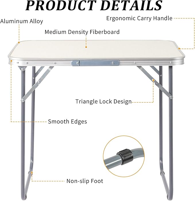 Outvita 2.3ft Portable Folding Camping Table, Outdoor Waterproof Picnic Table, Aluminum Lightweight Suitcase Foldable Table for Picnic BBQ Beach Dining