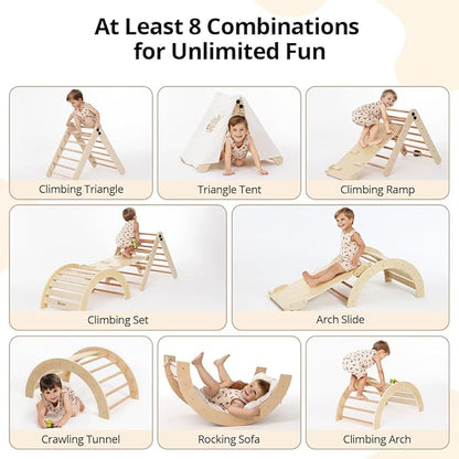 Pikler Triangle Set with Cushion, 8-in-1 Toddler Climbing Toys Indoor, Wooden Montessori Climbing Set with Arch Ramp,Ladder&Tent Cloth, Baby Indoor Climber Jungle Gyms for Toddlers Toy, Natural