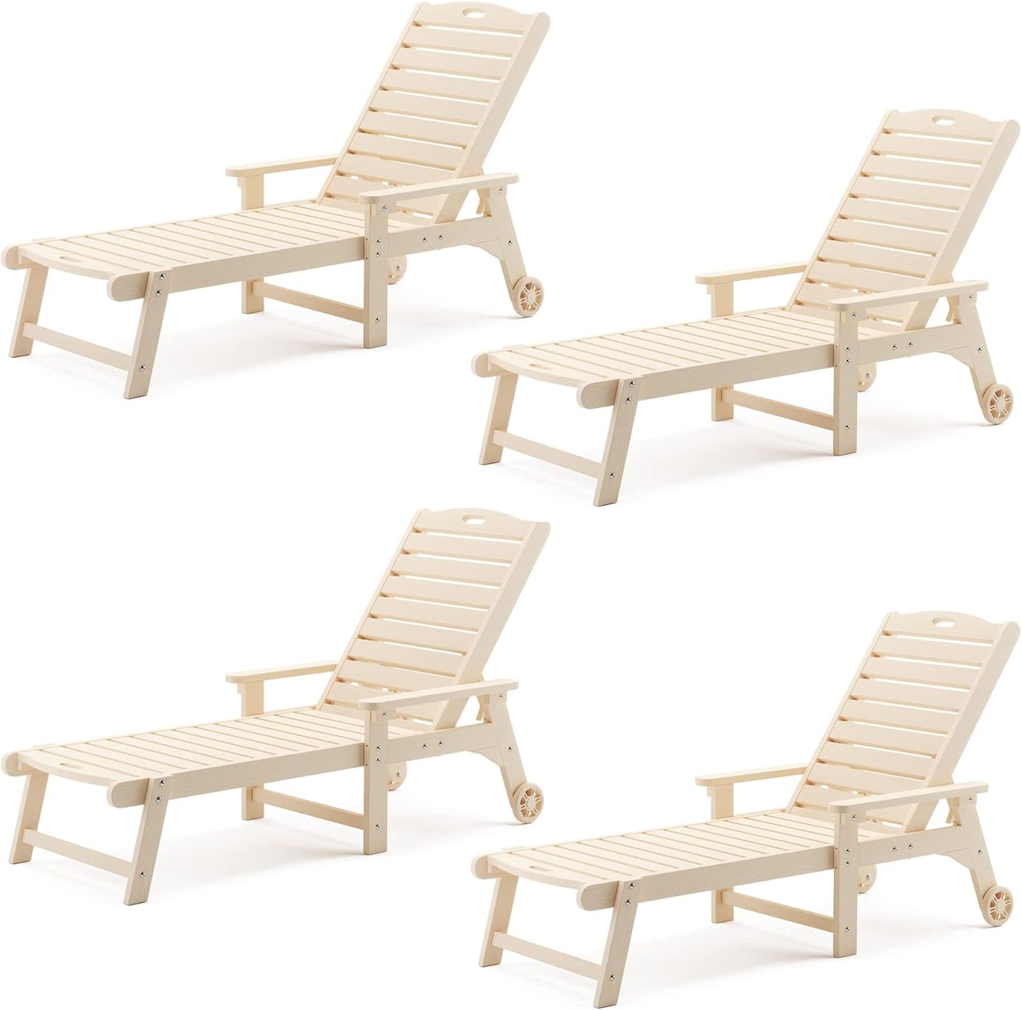 LUE BONA Outdoor Chaise Lounge Chairs Set of 4, 79'' Oversized HDPS Chaise Lounger, 5 Positions Adjustable Lounge Chairs, Pool Lounge Chair with Wheels for Poolside, 3 Year Warranty, Sand