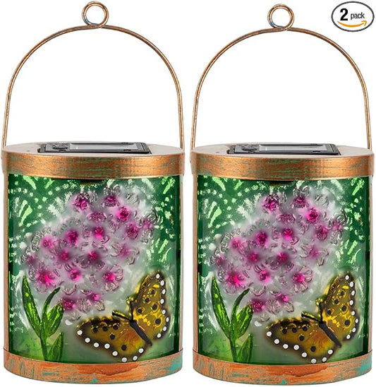 Starsoul 2 Pack Hanging Solar Lantern Outdoor Waterproof Glass Butterfly and Flowers Decorative Solar Lights for Outside Garden Yard Table Patio Decor