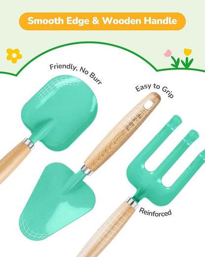 Kids Gardening Set Toys,Includes Metal Trowel,Transplanting Shovel,Garden hat,Rake,Apron,Gloves,Watering Can,and Tool Organizer Bag (Lake Green)