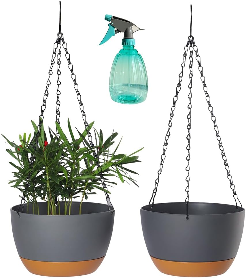 2 Pack Plastic Hanging Planters Set ,8.3 Inch Hanging Flower Plant Pot with Drainage Hole for Indoor Outdoor Plants, Round Hanging Basket with Removable Tray for Home Garden Porch Balcony Patio Decor
