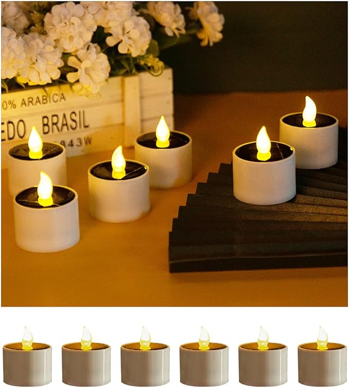 Solar Candle Lights,Flameless Candle Lights,Solar Rechargeable Tea Wax lamp,6 flameless Candle Light, Suitable for Wedding, Valentine's Day, Halloween, Christmas (Small Solar Candle)