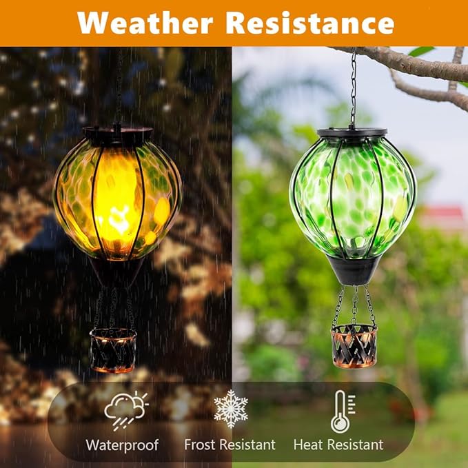 Solar Hot Air Balloon Lantern with Flame Flickering,Glass Hot Air Balloon Solar Lantern Outdoor Waterproof Hanging Outdoor Light for Patio Yard Garden Decor,Mother Day Gifts for Women(Green)