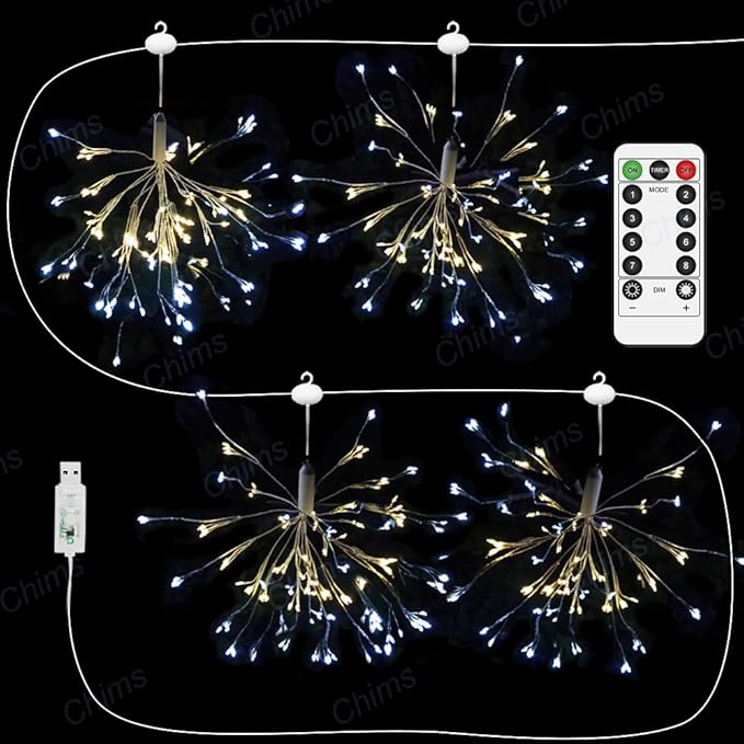 4 Pack Firework Lights, Yellow and White Patio Fairy Light Lighting Star Fireworks Sphere Fancy 120 LED DIY Dandelion Decoration Light with Remote, for Outdoor Bar Tree Wedding Party Restaurant
