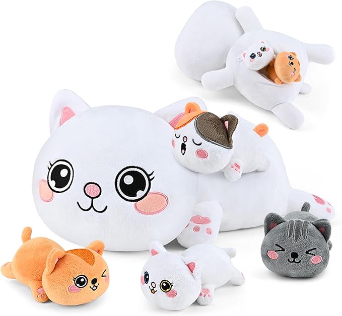 KMUYSL Cat Stuffed Animals Toys for Ages 0 1 2 3 4 5 6 7 8+ Years Old Kids - Mommy Cat with 4 Baby Kitty in Her Tummy, Idea Xmas Birthday Gifts for Baby, Toddler, Girls, Boys