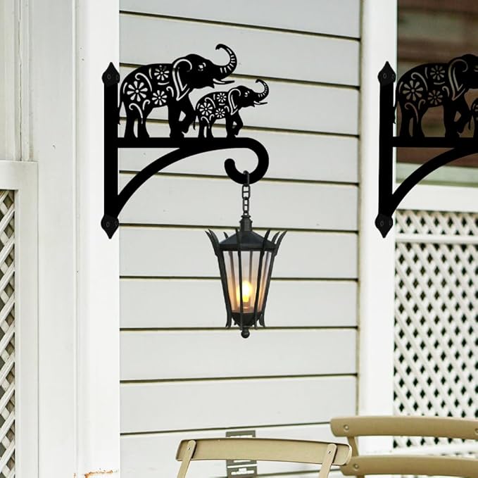 peacoblue Iron Plant Hangers Holder for Outdoor Indoor Hanging Plants Flower Fern Pots Lantern Bird Feeder Wind Chimes, 12”x14” Weather Resistant Metal Wall Hooks for Porch Garden Farmhouse(Elephant)