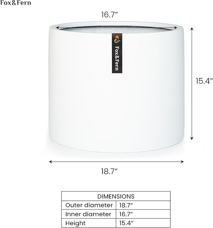 Fox & Fern 18.7 Inch Extra Large Planter — Premium Lightweight Fiberstone Matte White Plant Pot with Drainage Plug; Extra Large Planter for Indoor & Outdoor Use; Weather Resistant & UV Resistant